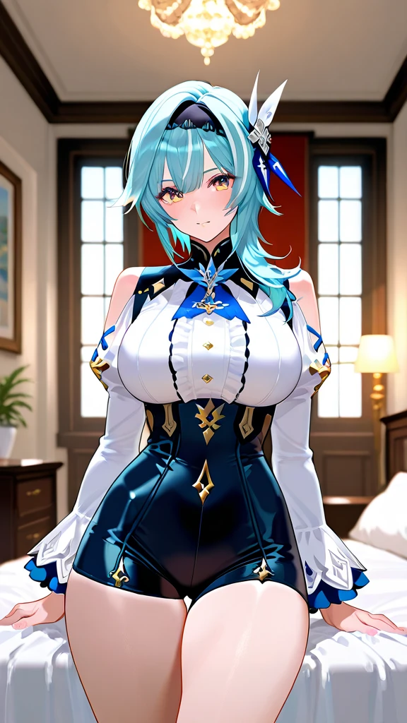 solo girl, in bed, blue sea hair and  yellow eyes, light shirt and no bra, anime visual of a cute girl, screenshot from the anime film, & her expression is solemn, in the anime film, in an anime, anime visual of a young woman, she has a cute expressive face, still from anime, big breast, red cheek, lustful face, fair skin