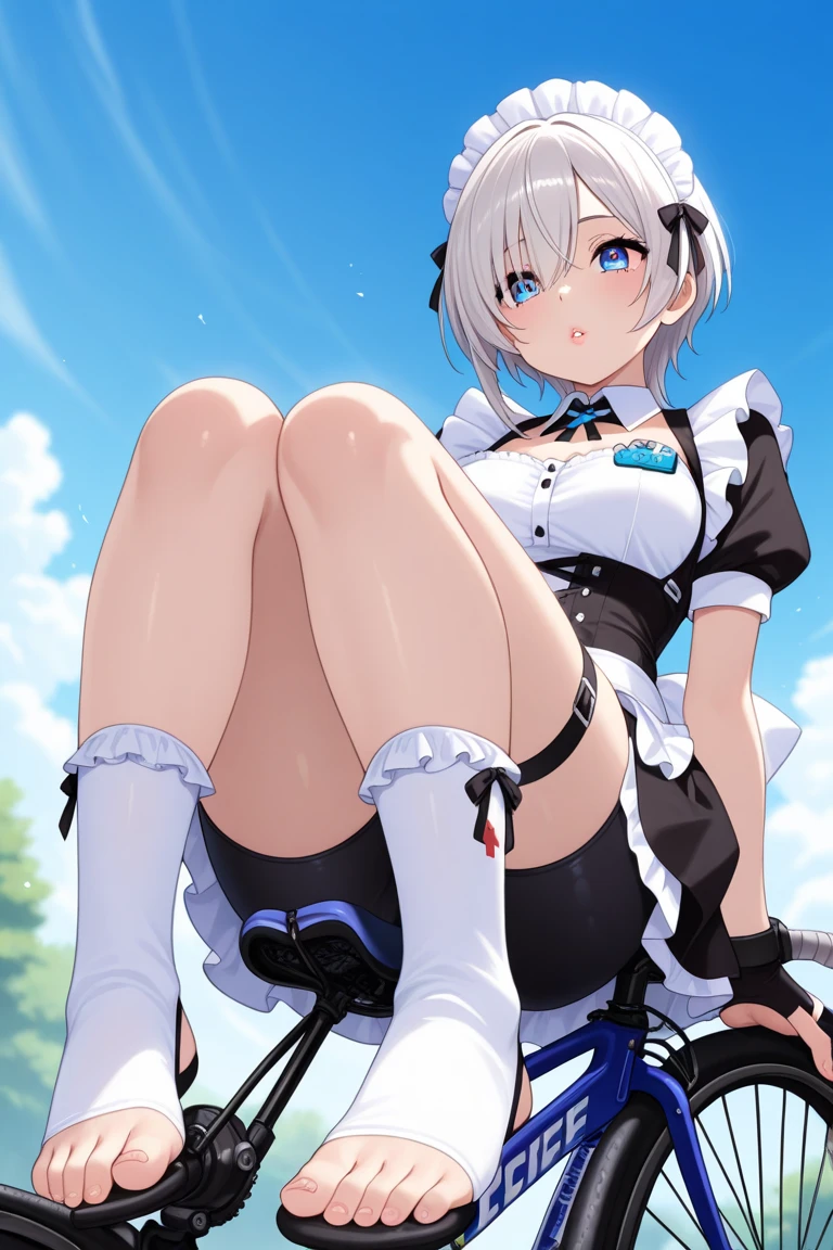 ,1young_teen_ girl,brown_hair,medium_bob_hair,platina_blond_hair,white_leotard,covered_crotch,thigh-highs,smile,standing,bluesky_landscape_background,slightly_spread_legs,happiness, short_gloves ,solo, r18, navel,relicbuster,short,boots,open_mouth,sitting,knees,bunny_ears,pov