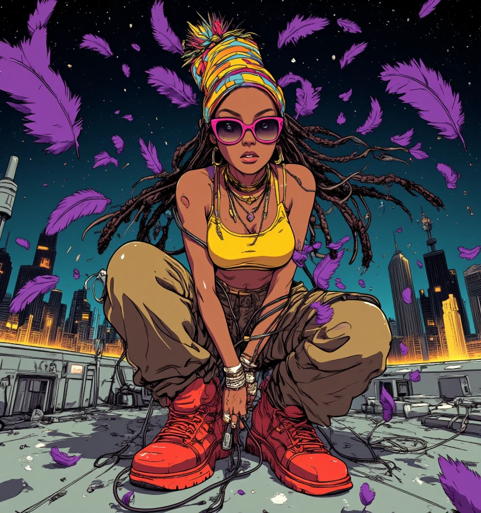 a beautiful black pinuo with pink hair standing in the center of the image with a reggae style scene, she has dreadlocks in her hair and is smoking marijuana in the scene,
