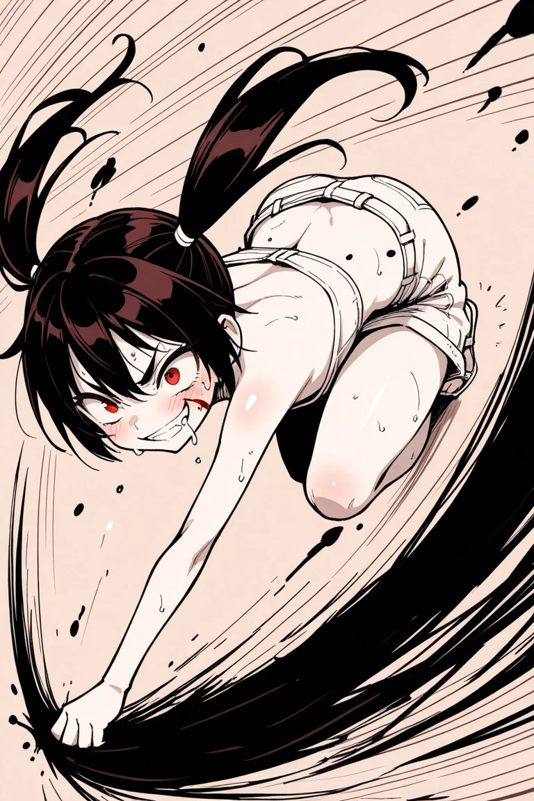 (superflat, flat shading, flat colors), girl, little ???, 10yo, lolis, flat chest, smooth body, naked, nipples, pussie, fighting pose, angry, serious, emotional, attacking, dynamic pose, motion effect, (cat ears), white background, vibrant colors, bright,