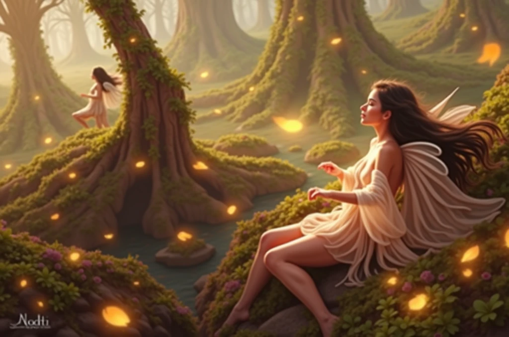 Fairies and forest creatures dancing together and a beautiful woman bathing naked by the water 