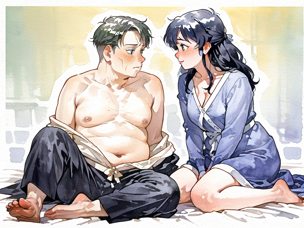 NSFW,masterpiece,Highest quality,High resolution,Super detailed,dawn_\(pokemon\),blue eyes, Blue Hair, Long Hair, Side Lock, Hair Clip,High-quality yukata,Embarrassed,blush,sake,Intoxication,Drunk,Inn at night,Japanese-style room,tatami,futon,(Middle-aged men),A man puts his hands on her waist and hugs her,Sitting,A man rubs his chest,Body touch, harassment,Leg spread