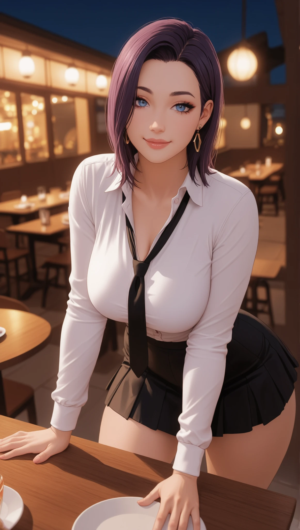 (masterpiece), (portrait), huges breasts (aesthetics), ((1 female 21 years old)), Highlight earrings), ((medium hair)), ((Hot dark purple hair)), straight hair, thin eyes open, blue eyes, cute, female, woman, mischievous smile, beautiful, female features, top, high quality, aesthetic clothing, professional angle, (rule of thirds), (feminine), (feminine), (feminine), (beautiful) , (female ) features), solo, (Korean attractive), summer, (ink haze), (afternoon), (vibrant light), seductive posture, ((face looking forward))), school uniform, long sleeved blouse, loose tie, black latex skirt, restaurant, outdoors, seated, tables and chairs, it's night, generous neckline, ((Energy)), (Bold Makeup), (Big Breasts), (Clothes with Hip Hop Details, horny and slutty voluptuous woman), (a hot muscular woman, muscular woman, hot fit, voluptuous mature body, super curvy body), (Sleep Neckline), Beautiful Hands, Body beautiful, beautiful ears, beautiful eyes, bright eyes, beautiful mouth, beautiful lips, needy expression, hot and thick thighs, home garden, night