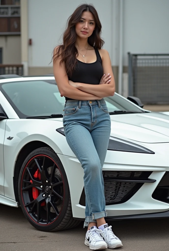 1girl, long_hair, portrait, full body, mechanic jump suit, white transparent shirt, long hair, earrings, car garage background, toolbox, hammer, spanner, hoses, topless, naked, cleavage, sweat,impact gun