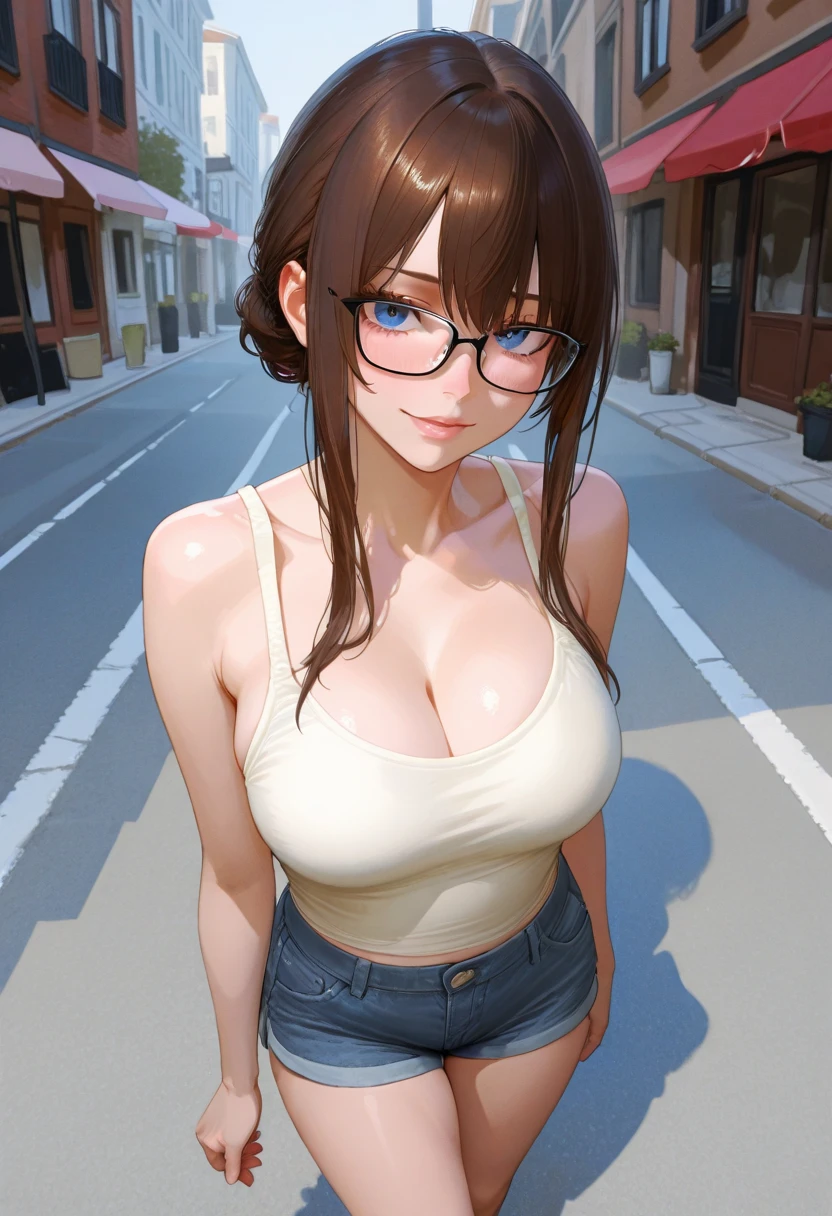 ((1girl, breasts)), masterpiece, best quality, huge breasts, illustration, ((t-shirt, thong, skindentation)), Black Hair, glasses, low twin tails, Long hair, blunt bangs blush, faded colors, deep skin, looking at viewer, outdoors, detailed face, flat belly, belly button, underboob,