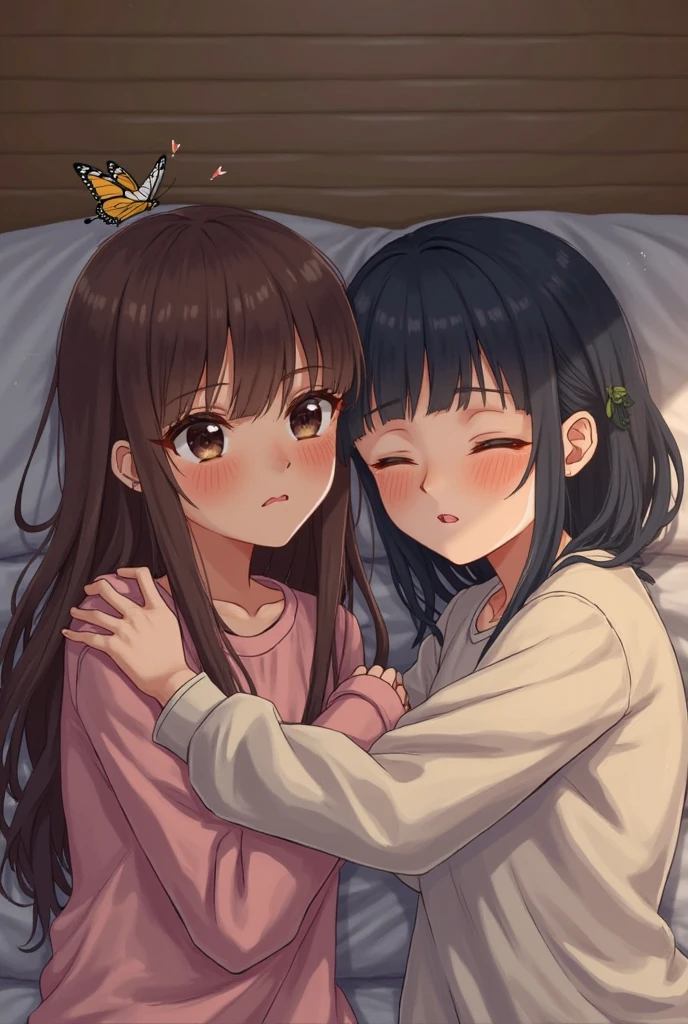 Sleeping girl, 22 years old, Realistic, She is wearing long pants, She is wearing pink pajamas, Brown Hair.