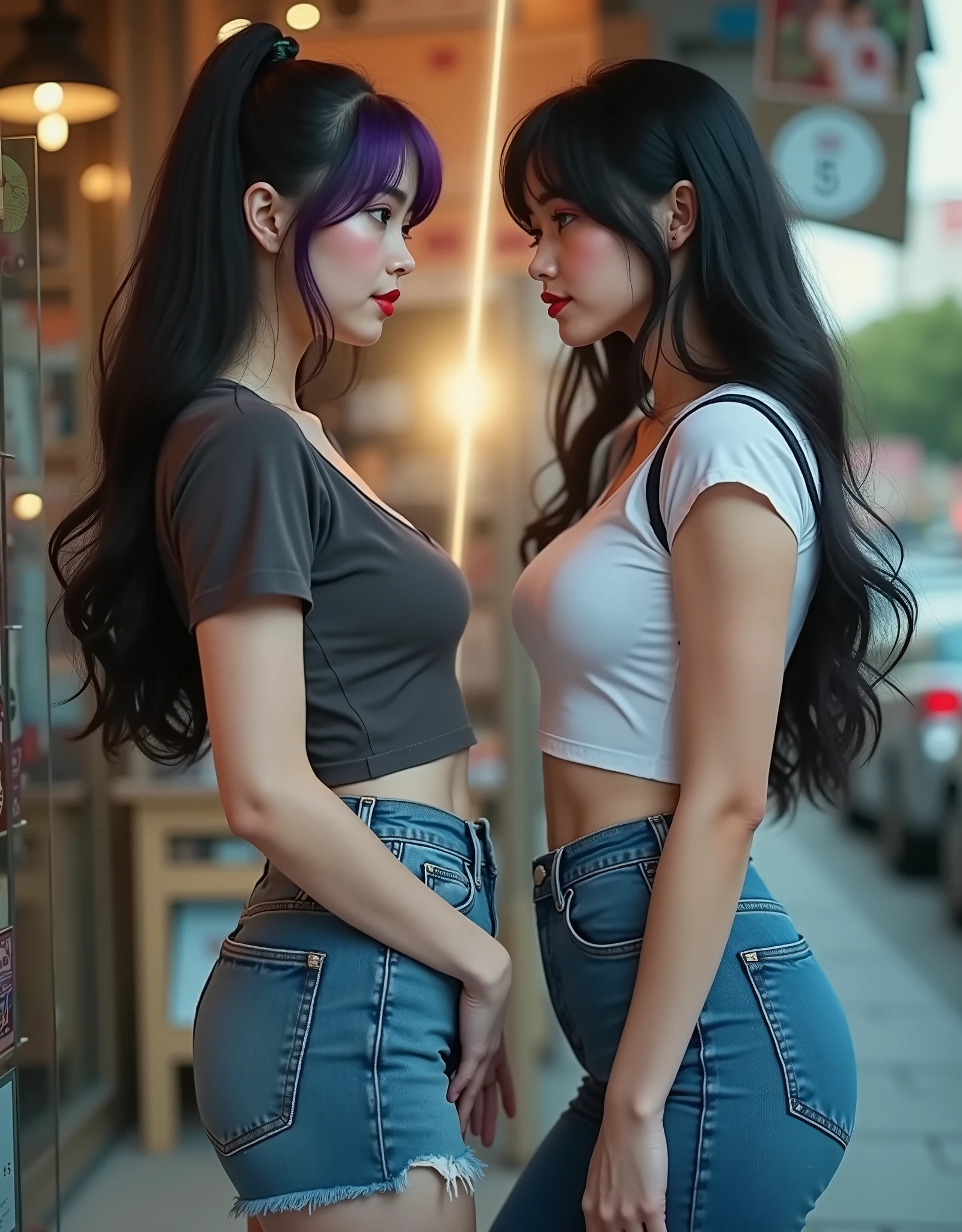 ((RAW Photo), Absurds, (Absurd Resolution)), (Masterpiece, Best Quality), ((Hyperrealism, Photorealistic)), (AI Fantasy), (masterpiece, highest quality, amazing quality), (two beautiful girls, 18 years old), (red lips), (black hair, purple highlights), ((saleswomen, street shop)), ((one wears: short dress, and the other: tight blue jeans, t-shirt, clothes that highlight her perfect body)), ((the girls stare at each other, (beam of light between their eyes), girl versus girl, duel of glances)), main avenue, route, (Photographic Perspective) «SunPuma S»