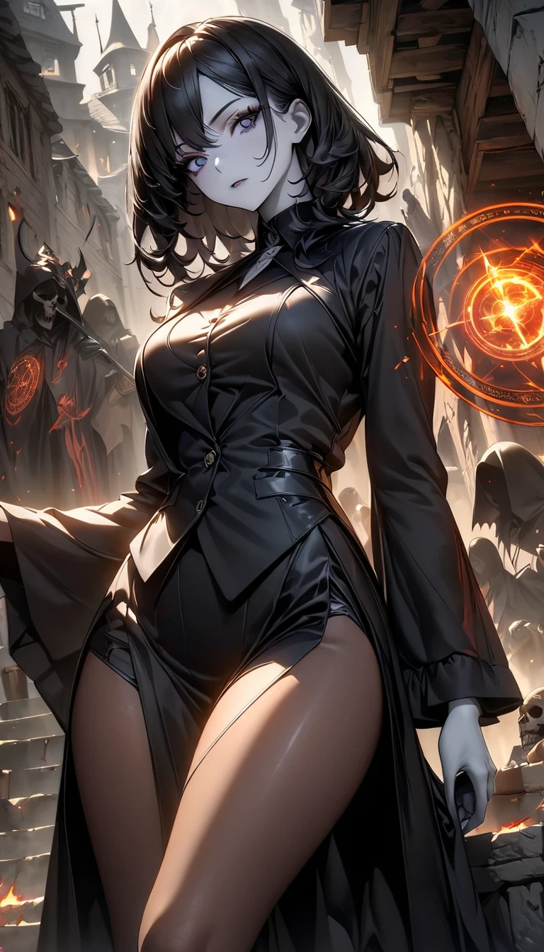 A beautiful young witch wearing a long black robe, holding a magical wand, her large breasts accentuated, in a stunning, highly detailed, photorealistic masterpiece, 8K resolution, with fully detailed hands and fingers, stunning magical background with circle spell