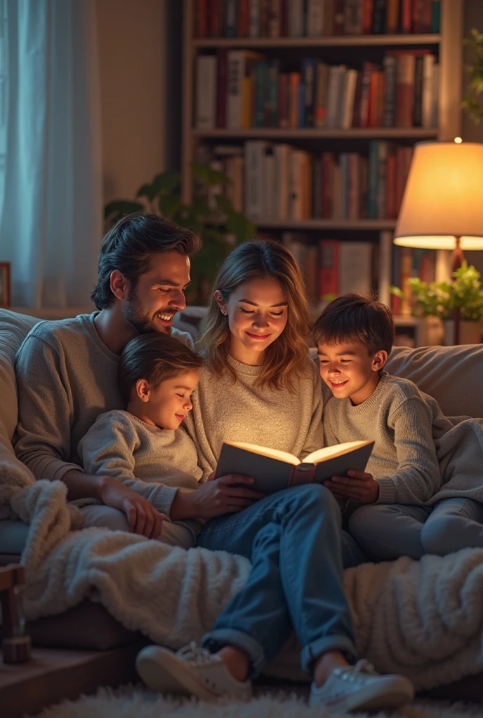 Grandfather with his grandchildren and his son in the living room of the house reading the Bible