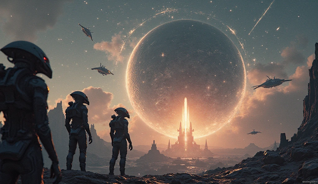 Alien-themed (((Ultra detailed, high-res, 8k, best quality))),Mankindâs first venture into the unknown cosmos. A dark alien planet at night,a single man in a spacesuit (with head lamps) standing on looking out at the wonder and mystery that lay ahead,((alien trees,landscape and Flora & Fauna)) all around,a sleek spacecraft in the background. A ringed planet looms over the horizon,extremely detailed starry skies,nebula,alien terrain,rivers,mountains,trees stretching as far as the eye can see,<lora:SyFyEye1_v2.0:0.4>,SyFyEye1,<lora:spacesuit3-000009:0.7>,spacesuit,<lora:Kai-ãSpaceshipããSpacestationã-é£è¹-ç©ºé´ç«:0.45>,spacestation,Symmetrical environment,<lora:add-detail-xl:1>,Details++,<lora:More_interesting_backgrounds:0.8>,IBG,<lora:spaceship:0.5>,spaceship,sleek design,landed,<lora:ais-blmn-sdxl:0.45>,ais-blmn,bio-luminecence flora,<lora:DarkLighting:0.8>,silhouette,spotlight,dark theme, . Extraterrestrial, cosmic, otherworldly, mysterious, sci-fi, highly detailed
