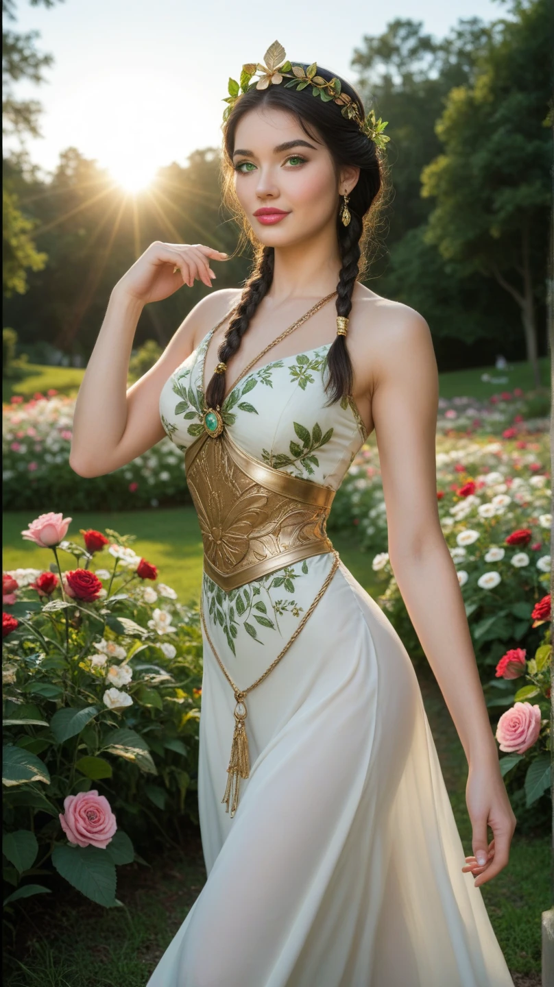 Russian beauty, curvaceous figure, dark hair, thick long braid, folk Russian dress, neckline, against the background of a field of flowers, looks at the viewer, sunlight passes through the hair, depth of field, bokeh