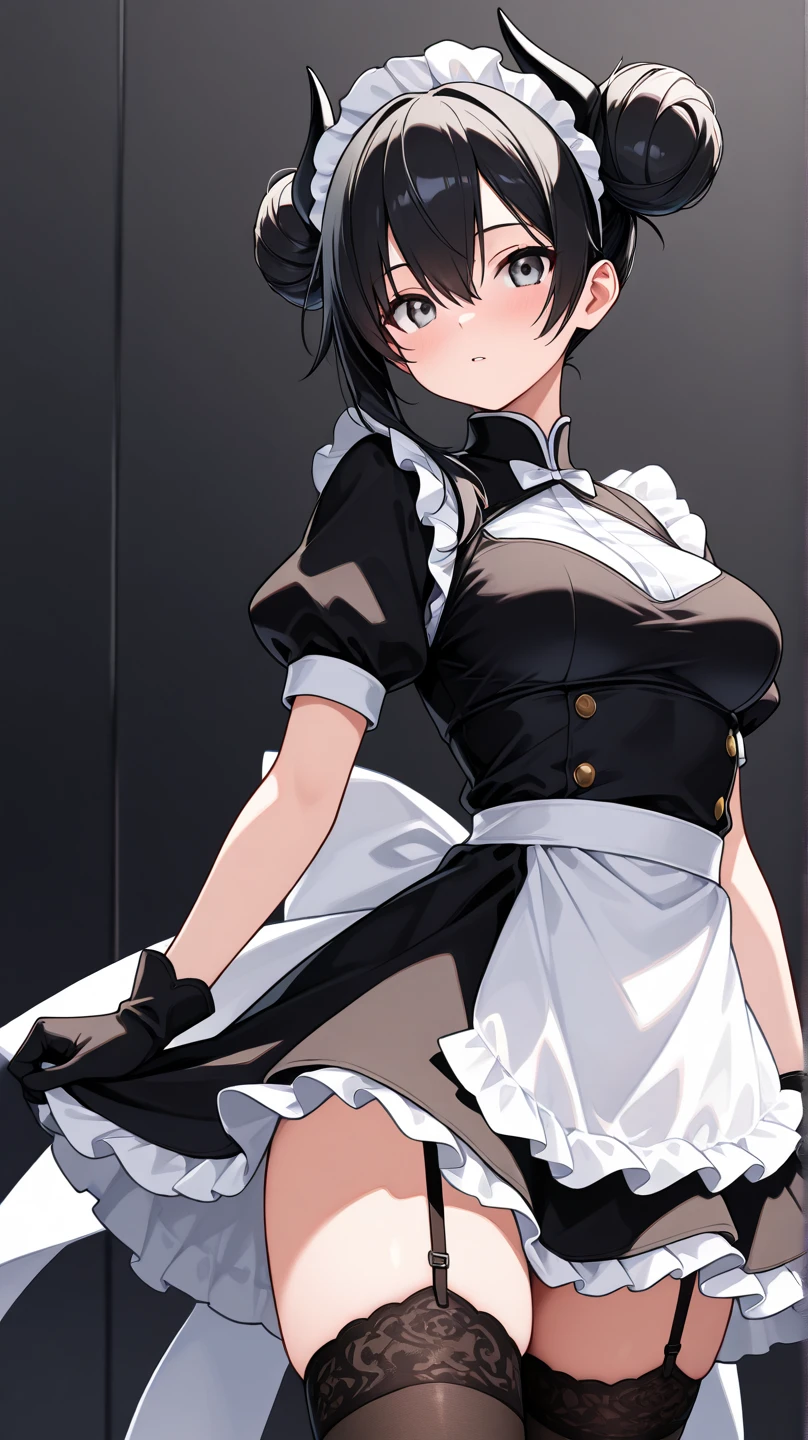 <lora:ulrich_von_hutten_v1.0:0.6>,ulrich_von_hutten_\(azur_lane\), short hair, black hair, yellow eyes, horns,maid_headdress, maid_bikini, maid_apron, from side, alley,smoking, crossed arms, leaning, masterpiece, best quality, high contrast,