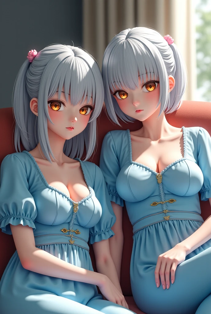 A girl with short, white hair, white eyelashes, blue eyes, and big breasts. She wears black clothes. She has a strong face.