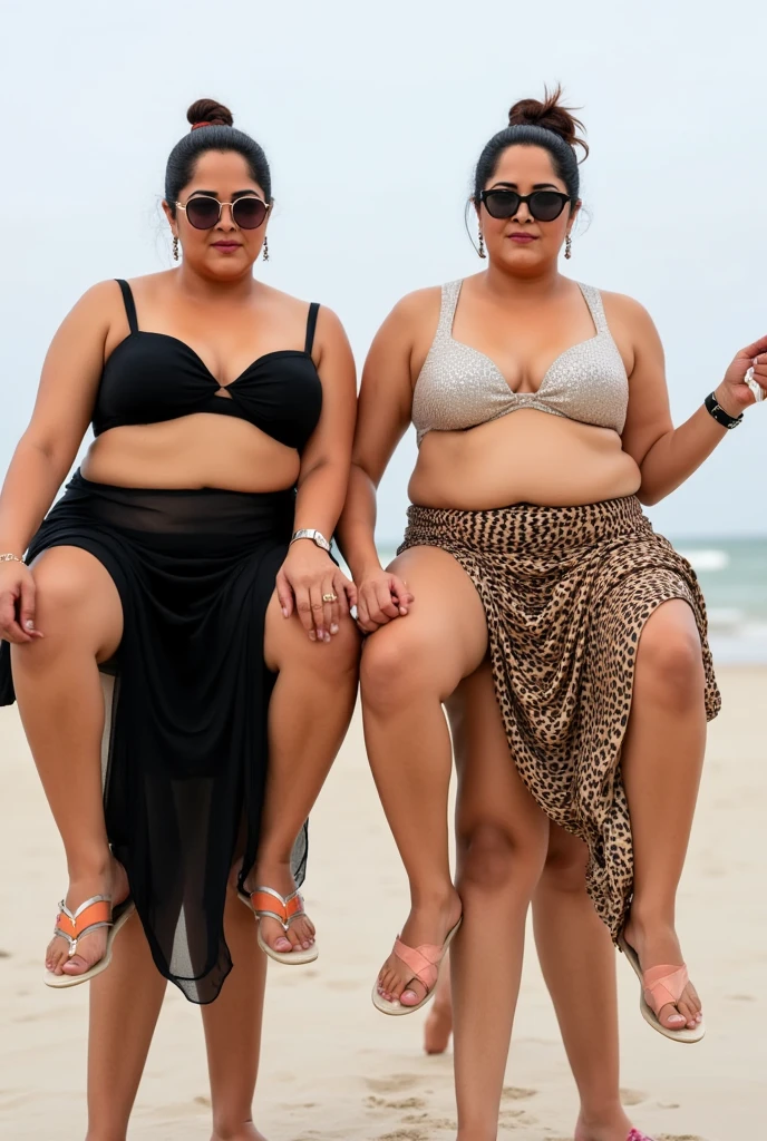 A 40 year obese Indian women walking at beach with a pet dog