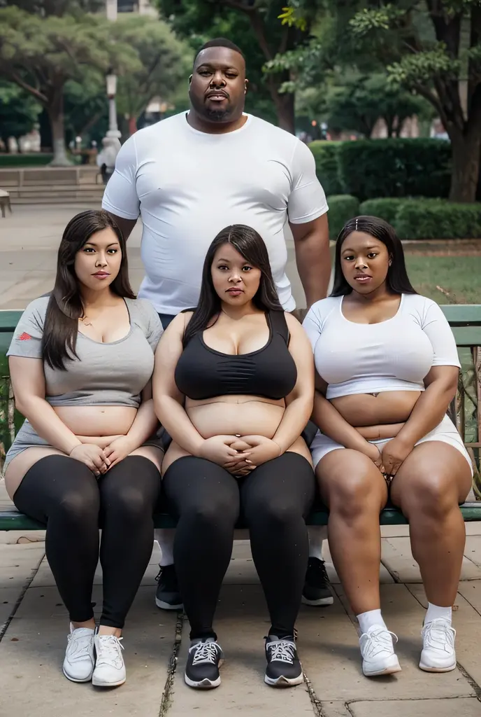 Three morbidly obese people with their clothes tight fitting and bellies bulging, one African-American, one white and the other Chinese all sitting on a park bench.