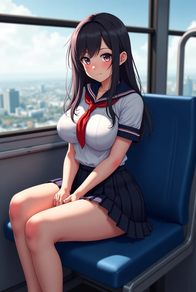 Highest image quality、Sailor Mars、beautiful feet、((slender))、miniskirt、train、trainの4人掛けボックスシートに座っている、((Composition seen from the side))、((Composition looking down from above))、((big breasts))、((The nipple protrusions push up the uniform))、cropped tops、You can see her cleavage while wearing the uniform、short sleeve、barefoot、((Wearing mules))、thin legs、((Knees do not bend))、Eyes are not looking at me