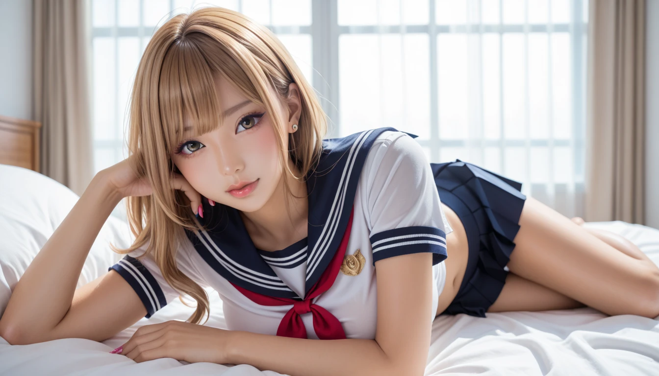 A beautiful young girl with blonde twintails wearing a sailor suit is leaning on a fluffy white sofa, lifting her white blouse to reveal a white bra, and opening her legs and lifting her skirt to reveal white lace panties., a blond, Photos of very beautiful Nordic-born girls, 12years, Blonde hair,Seductive open legs pose, 4k, top-quality, hight resolution:1.1), Drawing so that the crotch cloth of the white underwear is visible, tiny panties, white panties made of lace material、Blue plaid skirt, Red plaid skirt, high school student uniform、a sailor suit, Cleavage visible from the blouse, The clothes are fluffy, bed room, class room, dining room, tiny chest、Underhair is transparent、Nipples are see-through, Wet panties , Angle from your feet, The bra is sheer、Clothes are see-through、White panties with ribbon