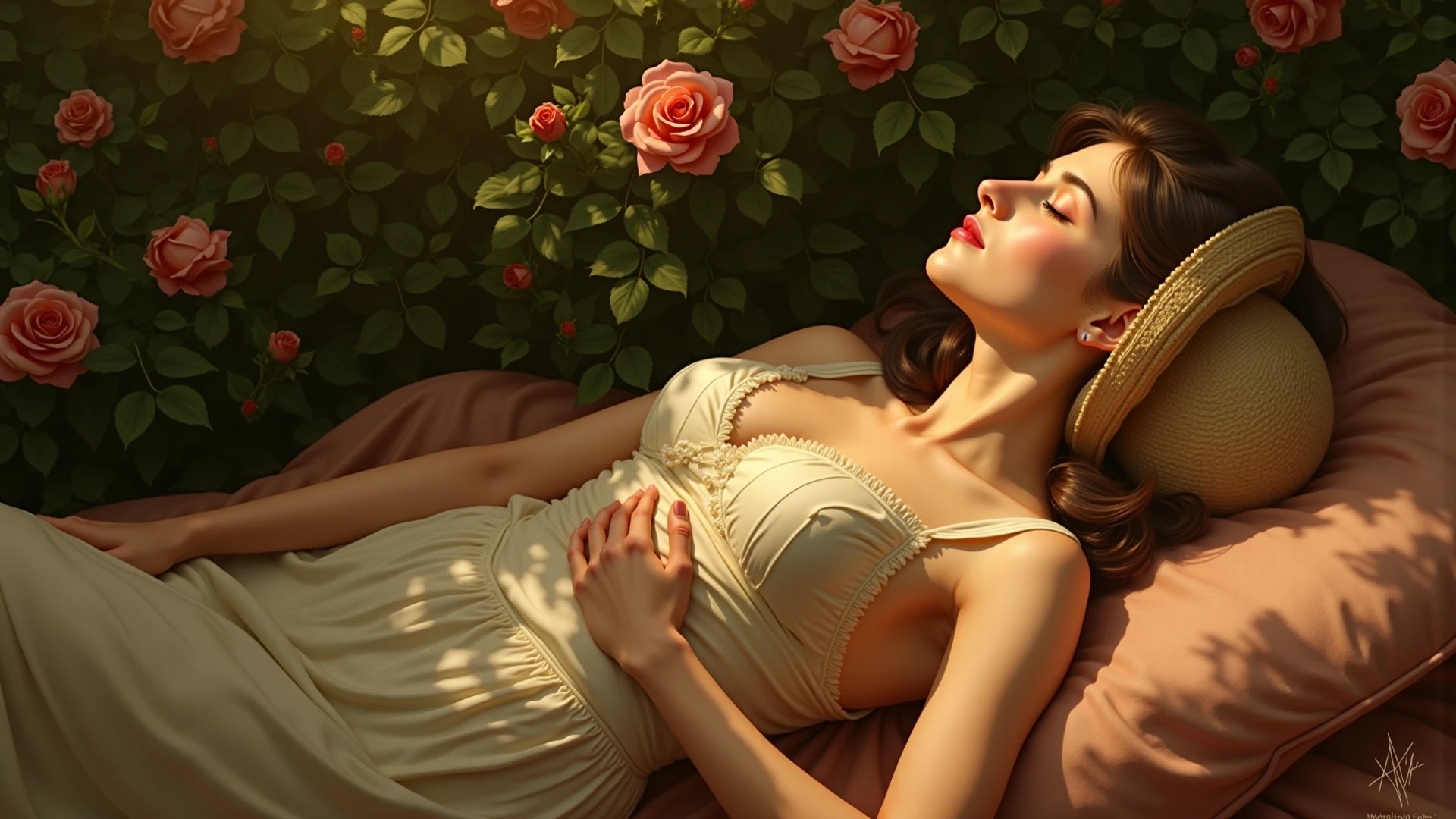 A stunning illustration of a beautiful woman wearing a flowing WHITE and gold gown adorned with intricate embroidery. She has long, wavy CHESTNUT hair and is wearing a FORGET ME NOT FLOWER TIARA that matches her gorgeous night gown. The princess is lying on a full of heart pillows, her hand hold a book, has a glass of rose wine overlooking the vinyard with grapes and fullmoon backdrop, WITH pastel clouds AROUND HER, casting a warm glow on her.