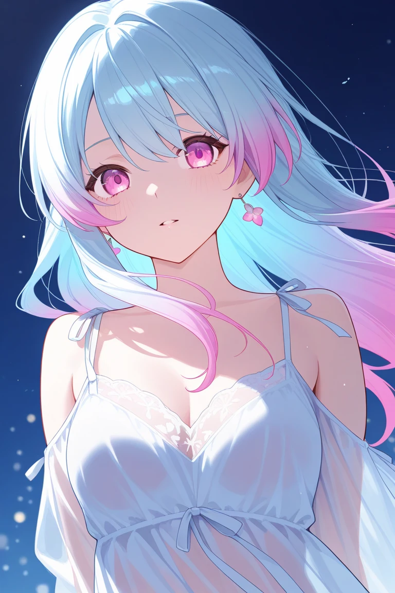 best quality, 32k, RAW photo, incredibly absurdres, extremely detailed, delicate texture, bust up of a beautiful woman with a sad expression looking back, many seven-colored light particles bursting in the fog, fantastic and mysterious, iridescent pastel colour, kaleidoscope, wind