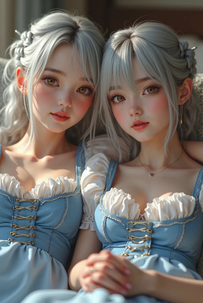 (masterpiece, best quality), best resolution, (2heads:1.5), realisticlying、女の子 1 人、One head White-haired, Other head Black-haired, heads side-by-side equally on chest, verd s eyes, radiant eyes, croptop, skinny pants, Parted lips, red blush, natta, florals, suns, sunlights