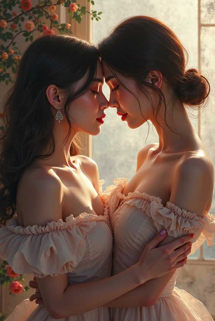 (best quality,4k,8k,highres,masterpiece:1.2),ultra-detailed,realistic:1.37,two girls kissing,long red sheer skirt,gr3ysh33r posing,beautiful detailed eyes,beautiful detailed lips,feminine and romantic atmosphere,gentle touch,soft lighting,vivid colors,romantic and intimate setting,subtle wind blowing the skirt,passionate expressions,delicate lace details,seductive and sensual embrace,dreamy and ethereal background,subdued tones,evoking love and desire,subtle blush on their cheeks,mystical and enchanting charm,whispering secrets,lost in the moment,artistic composition with dynamic angles,emotive and powerful connection,unforgettable and timeless scene,masterfully painted,impeccable attention to detail,magical and mesmerizing,artistic inspiration from Renaissance paintings,classic beauty with a modern twist,filled with love and longing,celebration of love's embrace.