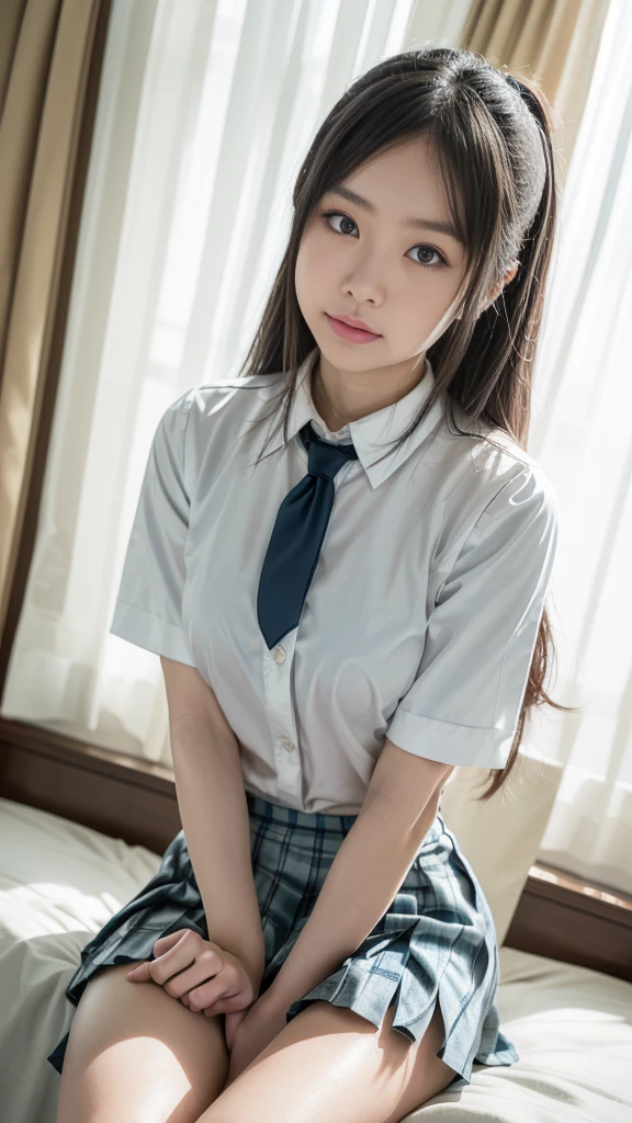 (8K, RAW photo, highest quality, masterpiece: 1.2), Super detailed, super resolution, (genuine, genuine photos: 1.37), portrait, High-definition RAW color photo, professional photos, 非常に詳細で美new, very detailed, 8k wallpaper, amazing details, huge file size, official art, very detailed CG Unity 8k wallpaper, very detailed beautiful girls, very detailed facesHighly detailed eyes, Very fine skin, very detailed fingers, very small nose, very detailed detailed mouth, perfect anatomy, detailed background, Fine clothes,20th generation, cute girl, genuineistic body,  white skin, glowing skin,  (dull bangs: 1.2), smile, cute, like々new, cute face, genuineistic face, delicate eyes, sagging eyes, (悲new表情),looking at camera, cowboy shot, Contrapos, dynamic lighting, G cup breasts,big breasts、Wet、M-shaped legs、(masterpiece, highest quality:1.3), (Super detailed 8K CG:1.2), (hyperrealistic:1.35), (Photorealistic:1.45), (realistic:1.4), Upper body,(sitting:1.3)
(school uniform:1.3), 1girl, soro, nude, flat chest, pussy, lying, light smile, bangs, (black eyes), masterpiece, best quality, ultra quality, high quality, realistic, photo realistic, RAW photo, hyper detailed, intricate detailed, perfect anatomy, bed sheet,
