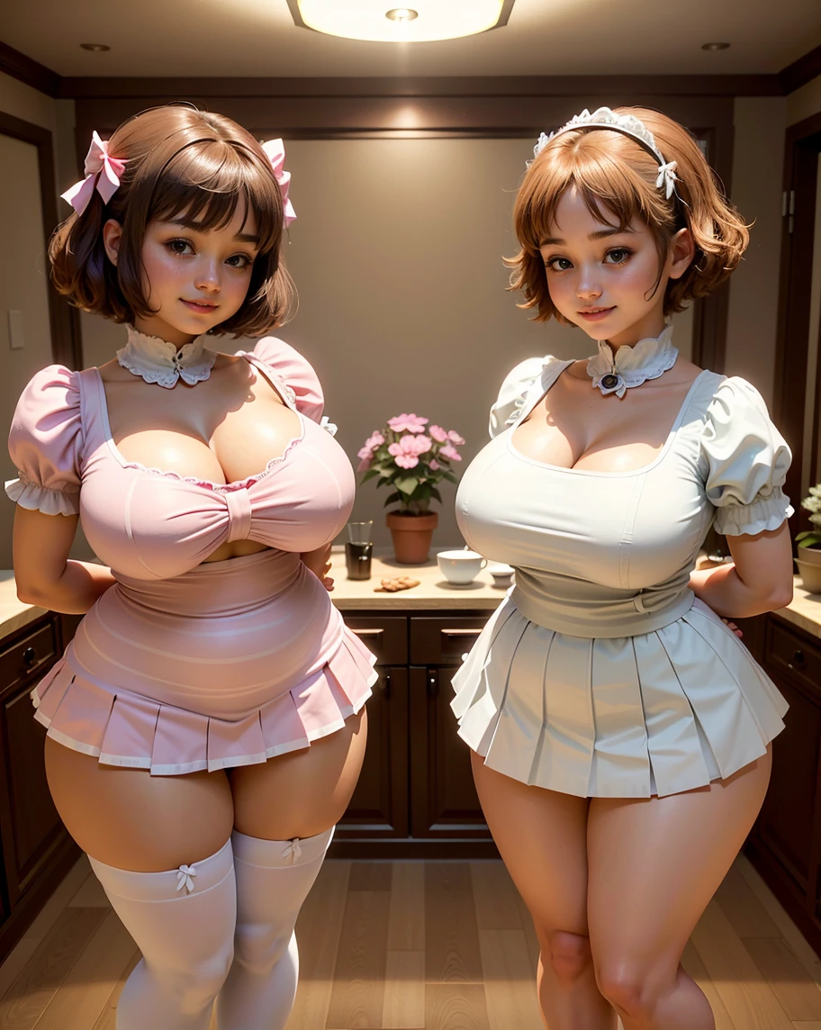 two cute buxom curvy women in maid uniforms and high heeled stilettos standing next to a brick wall, wearing maid uniform, gigantic boobs maid! dress, maid dress, maid outfit, japanese maid cafe, maid costume, loli, anime girl in a maid costume, lolita style, maid, french maid, white and black, two girls, Anastasia Kvitko and Lucy Pinder, cosplay