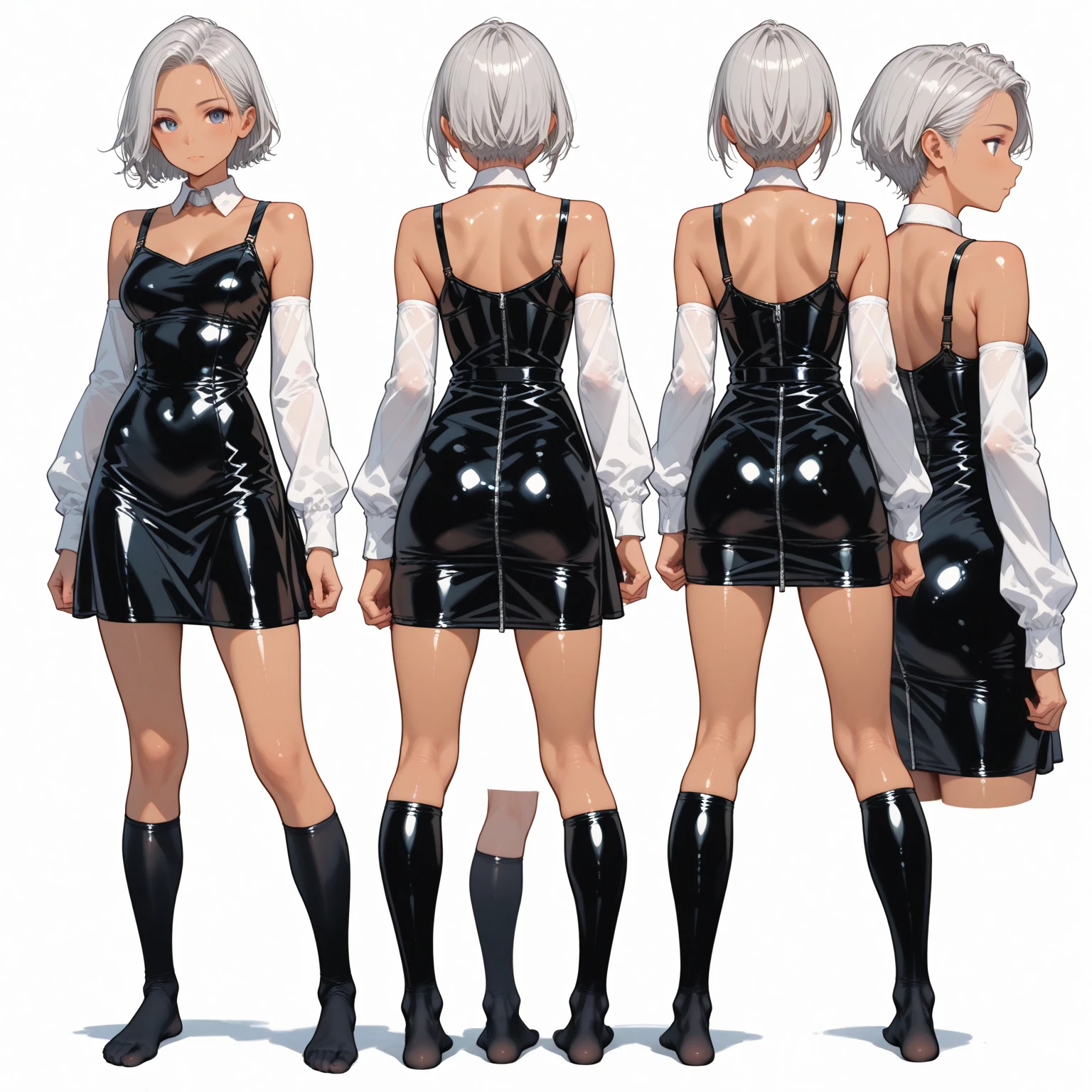 The image shows a corpulent female character, with white hair and a white latex dress, standing with one hand on her hip and the other on her head, displaying a confident posture, anime, anatomically correct, super detail, high quality, 4K
