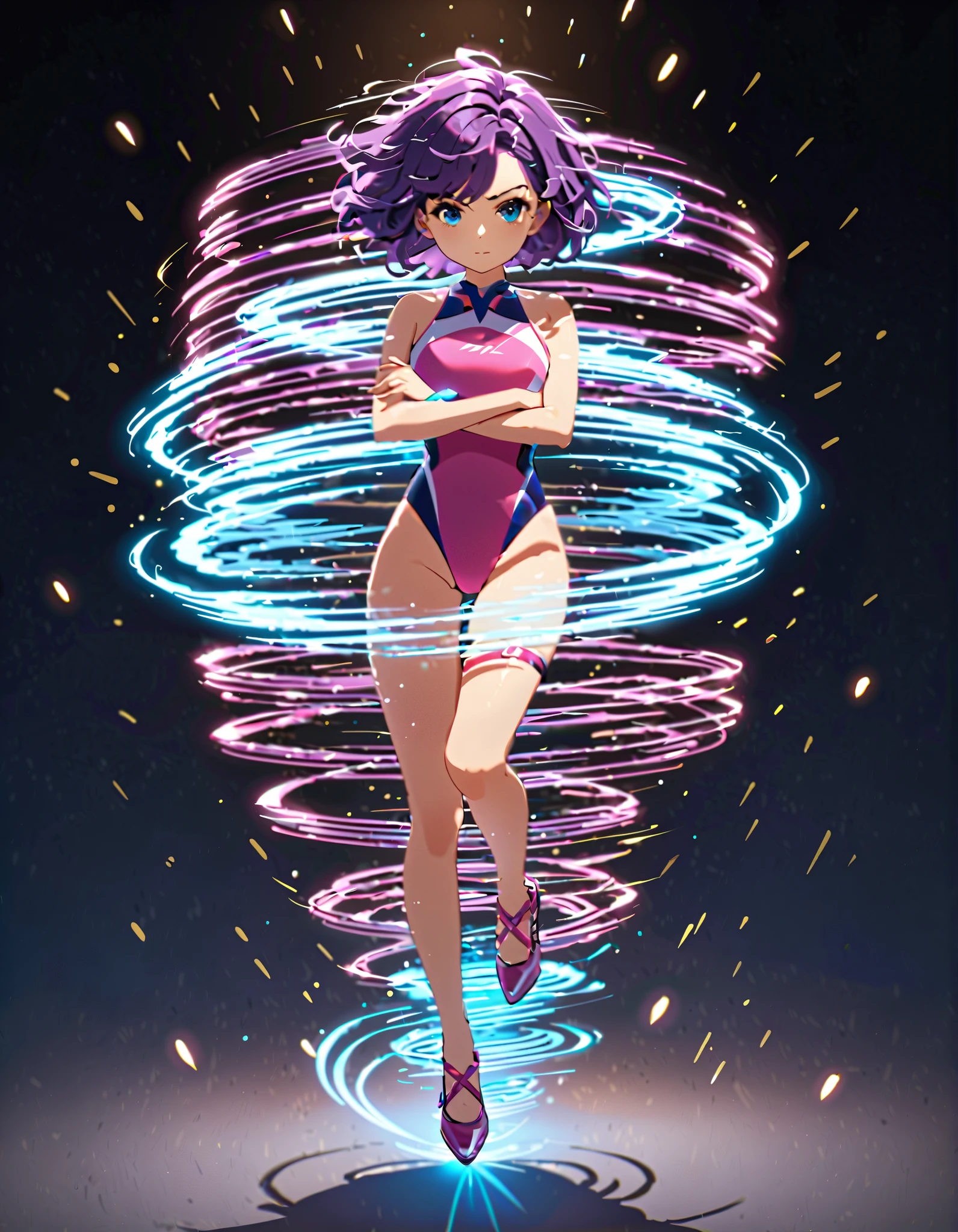 masterpiece, best quality, highres, 1girl, solo, green suit and tie, leotard, perfect leotard, pink leotard, bare legs, matching shoes, looking at viewer, space backdrop, perfect hands, perfect eyes, perfect legs, perfect arms, perfect fingers, medium breasts, standing, purple hair, short hair, bob hair, blue eyes, standing, full body with costume, spread arms. spins in place like a (tornado). (she spins at an incredible speed), creating a whirlwind of air around her. spiral lines around her body, cyclone winds around, tornado spinning, curved sword slash.