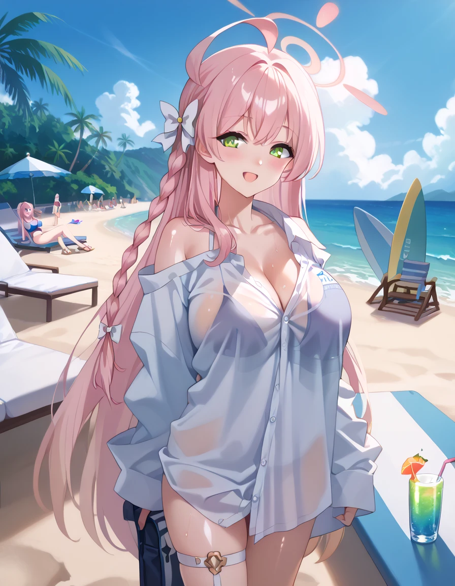 hanako_\(swimsuit\)_\(blue_archive\) best_quality newest masterpiece anime_girl_with_pink_hair_and_green_eyes_standing_in_front_of_a_rock wet_shirt open_v_chest_clothes hot_with_shining_sun wet_dripping_long_hair quetzal sweat_drops 1girl breasts solo green_eyes shirt halo wet pink_hair blush cleavage wet_clothes long_hair braid looking_at_viewer smile ahoge large_breasts white_shirt outdoors heart navel bangs hose long_sleeves water wet_shirt collared_shirt closed_mouth collarbone day beach ocean holding see-through sky naked_shirt dress_shirt hair_between_eyes sunlight side_braid bow