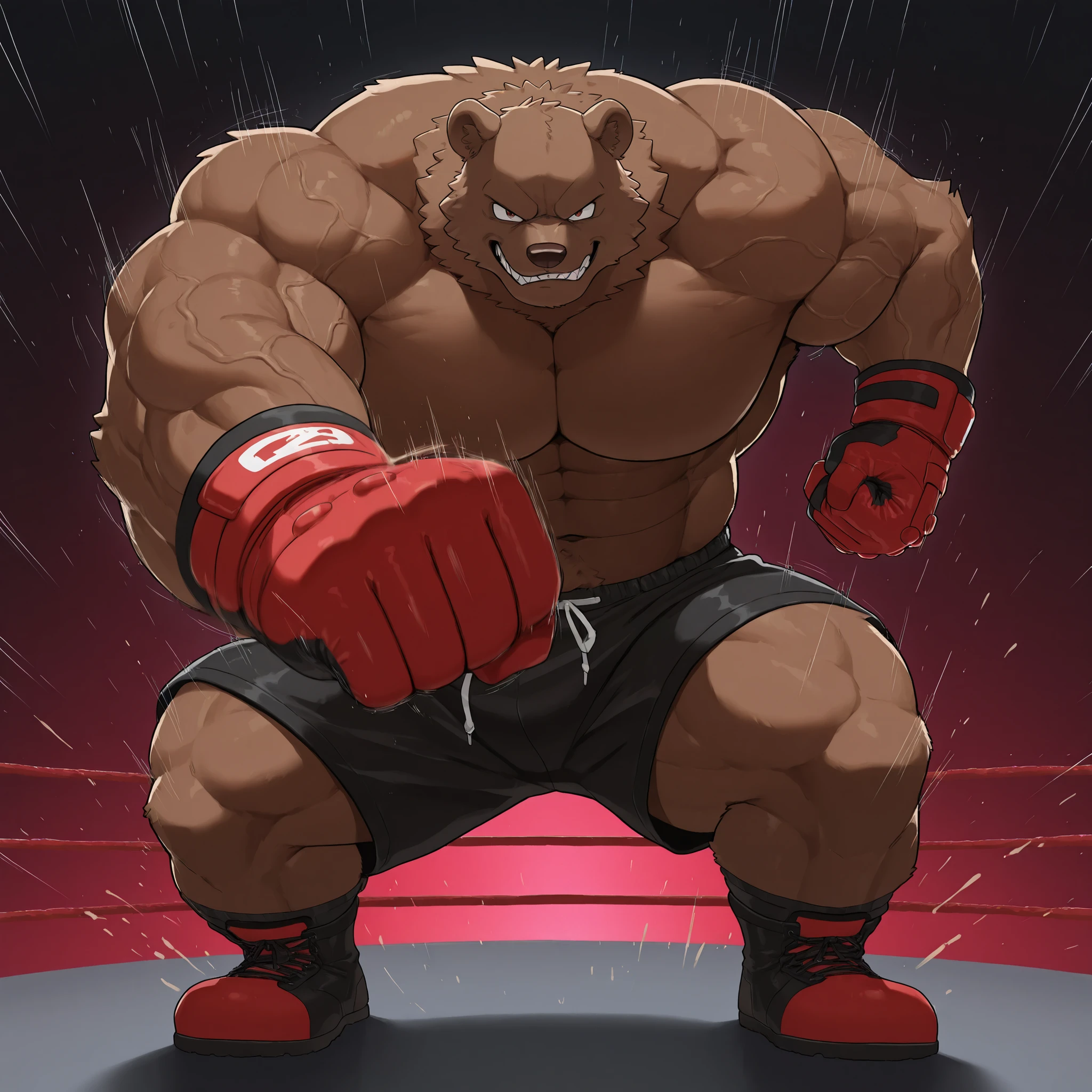A thrilling and intense boxing match unfolds in this vividly depicted scene. The ring is bathed in dramatic, cinematic lighting, casting deep shadows and highlighting every muscle and sinew. One powerful, muscular Grizzly bear square off against A Black wolf, their determined expressions and focused gazes betraying their intent to emerge as the victor.

The bear boxer on the left, wearing red gloves and shorts, bounces on the balls of his feet, his body coiled like a spring. His opponent, clad in blue, matches his stance, his eyes narrowed, a bead of sweat trickling down his temple. The air crackles with anticipation.

The atmosphere is electric - the