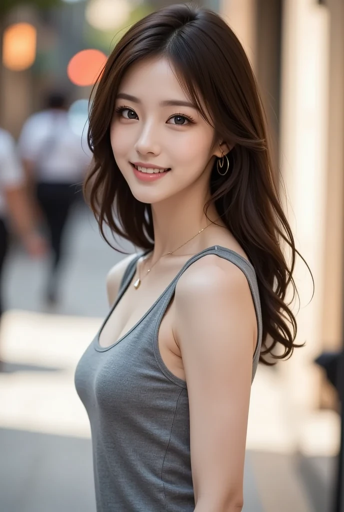 masutepiece, Best Quality, Illustration, Ultra-detailed, finely detail, hight resolution, 8K Wallpaper, Perfect dynamic composition, Beautiful detailed eyes, doress,Medium Hair, mid-chest, Natural Color Lip, Random and sexy poses,Smile,Aoyama Street Walk、20 years girl