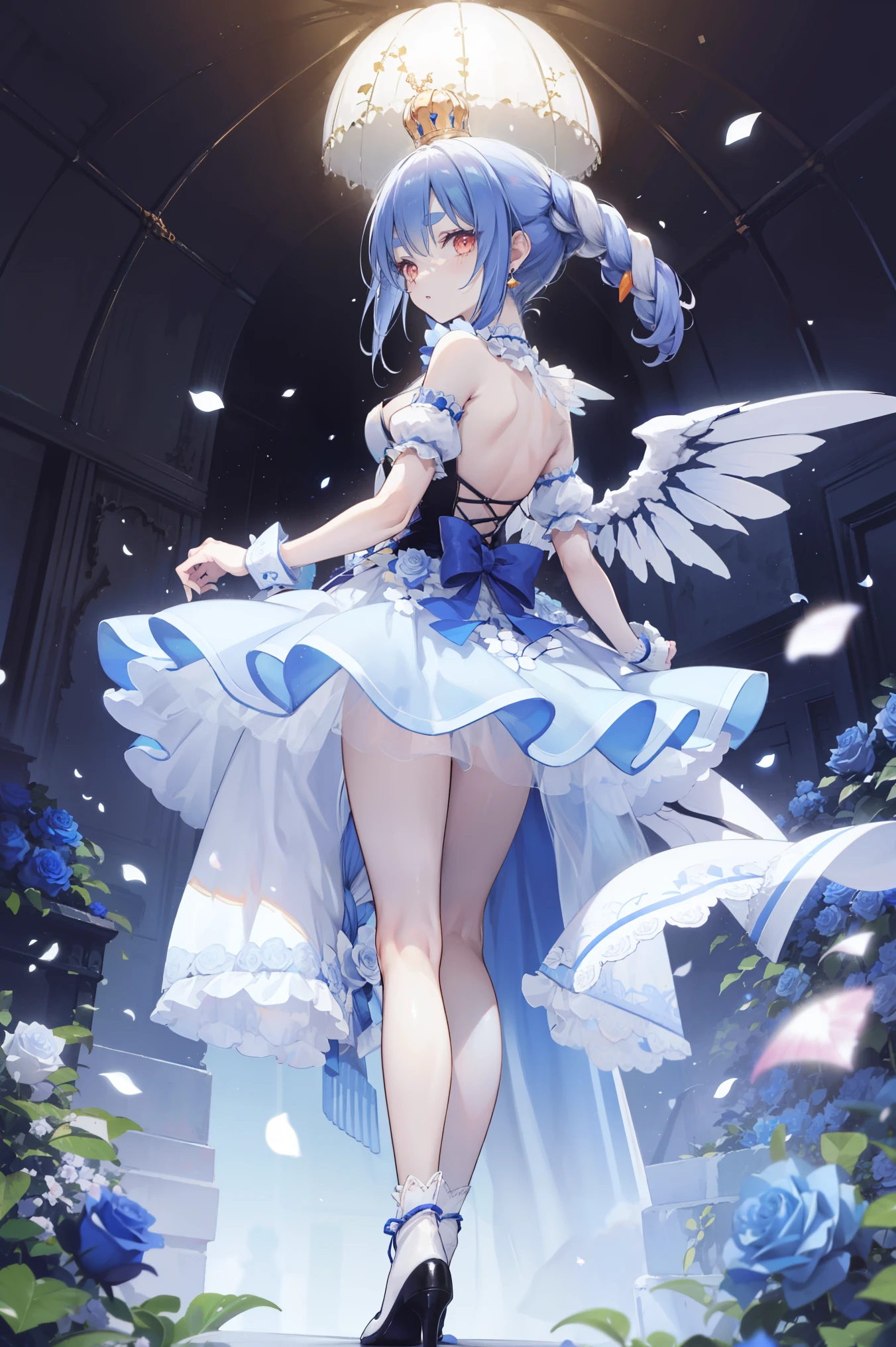 Idol, showgirl dress, blue and white dress, side pony, best quality, highly detailed, floating hair, full body, bow skirt, collared dress