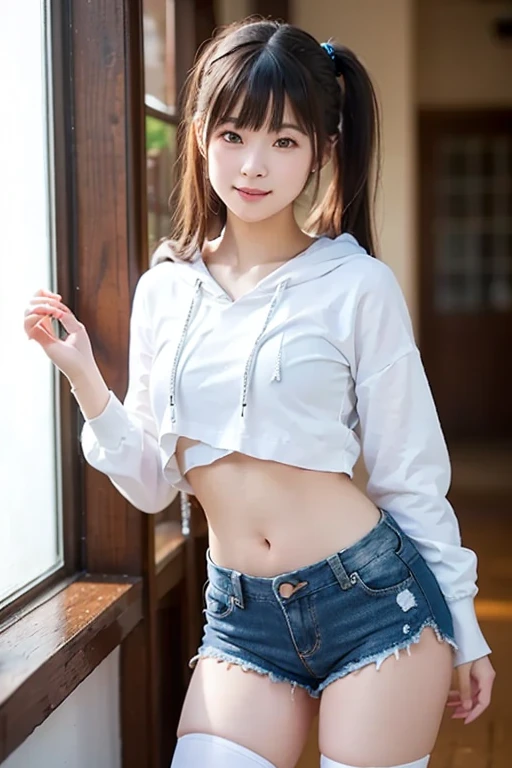 Highest quality、Ultra-high resolution、masterpiece、8K、Clear photos、(Very cute Japanese girl)、smile、(whole body)、(The cutest Yoda Yuki)、Large erect nipples、(Low Rise Denim Shorts、Unbutton、Pull-down denim shorts)、whiteパンティーが見えています、 whiteTWearing a shirt、Vivid depiction