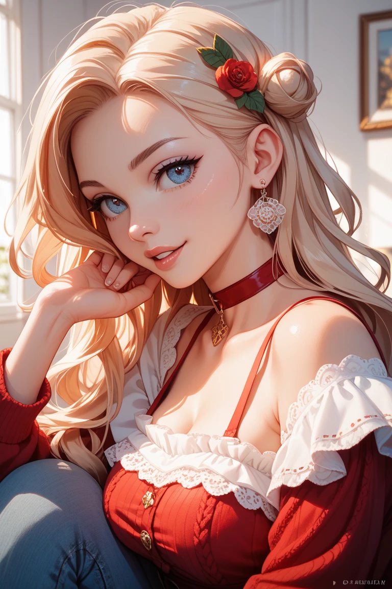 beautiful female face, wearing a red riding hood outfit, gorgeous eyes, intricate, cleavage, soft lips, smiling, naughty, seductive glance, freckles, side boob, under boob