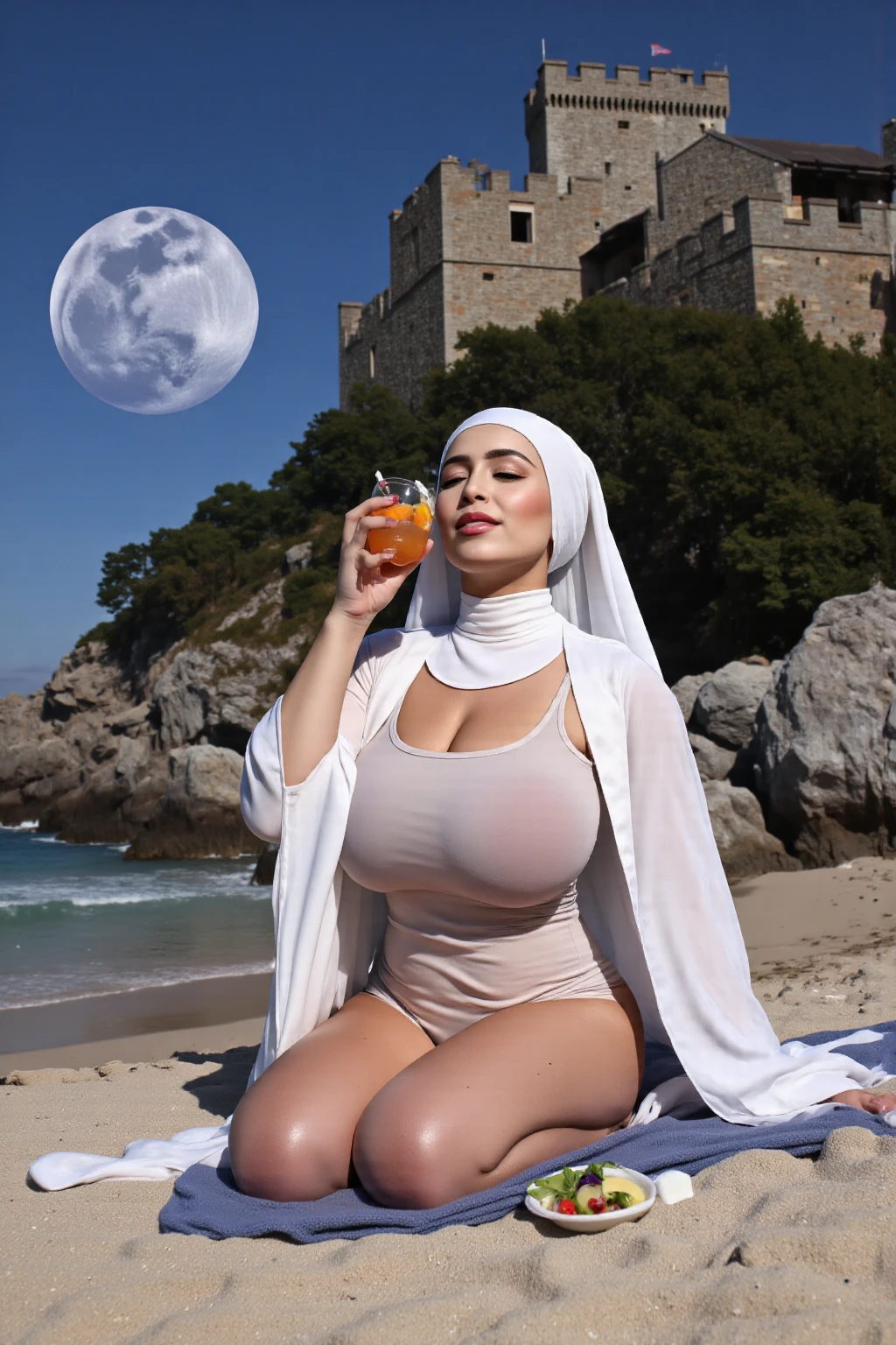 Close-up of 85-year-old very old Arab woman with long hair, sits in the sea completely naked, Legs and arms wide apart. thick pubic hair. stunning art style, White Skin Skin. blurred background. Light haze.
