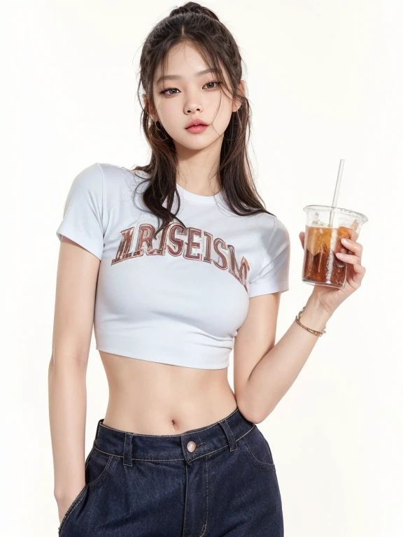 Realistic photos of (1 cute Korean star) single hair ring, thin makeup, 32 inch breasts size,wearing crop t-shirt, pants, standing in the bookshop, close-up portrait, UHD
