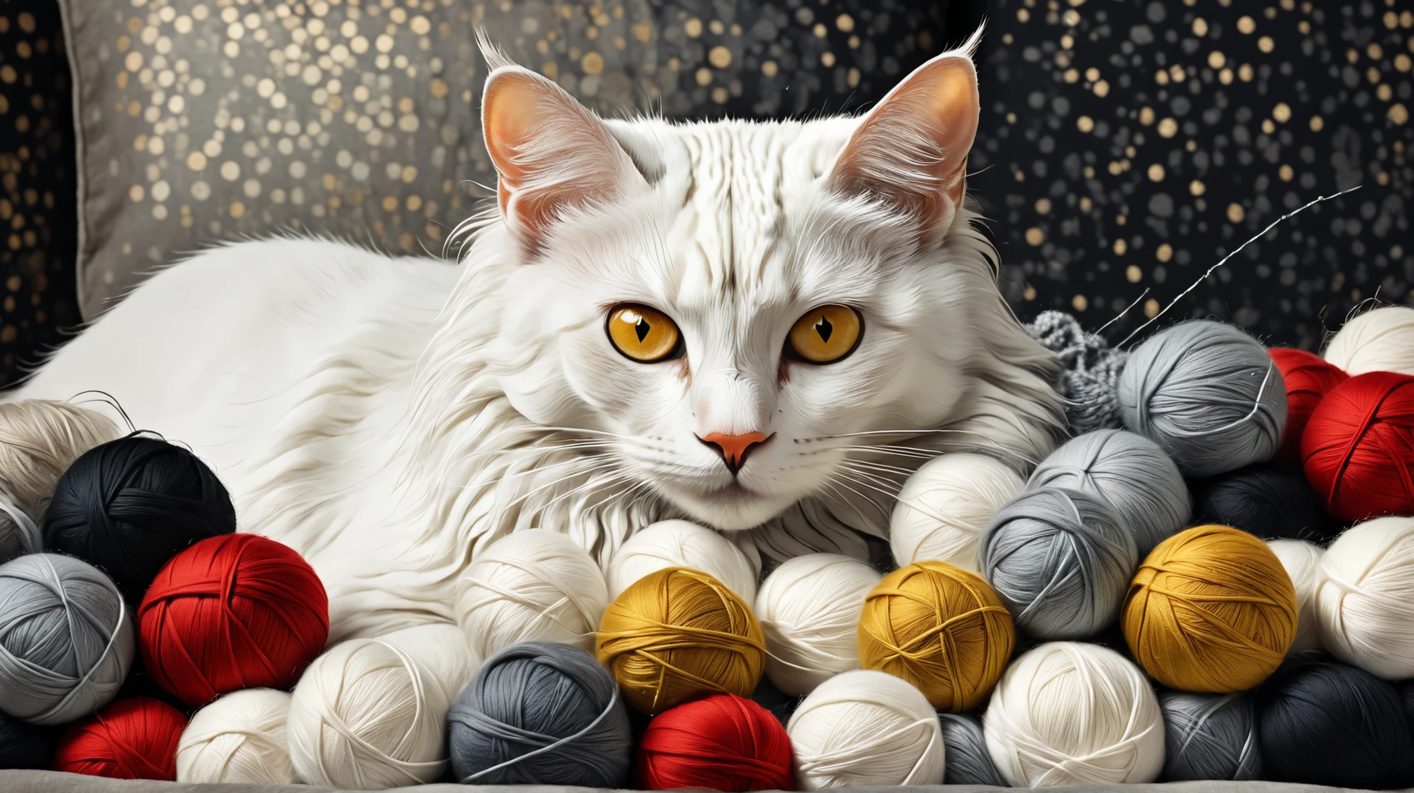  Imagine a surreal portrait of a cat whose body is a mosaic of polka dots and various textures and materials, including fabric,wool and buttons . The cat is lying on a cushion with some blankets and balls of yarn around. Its expression is serene. The scene is rendered with photorealistic detail, capturing the intricate textures and subtle color variations. In the style of surrealist photography, reminiscent of Man Ray and Salvador Dalí, with a touch of modern digital art. Color palette: white, black, red, and gold.