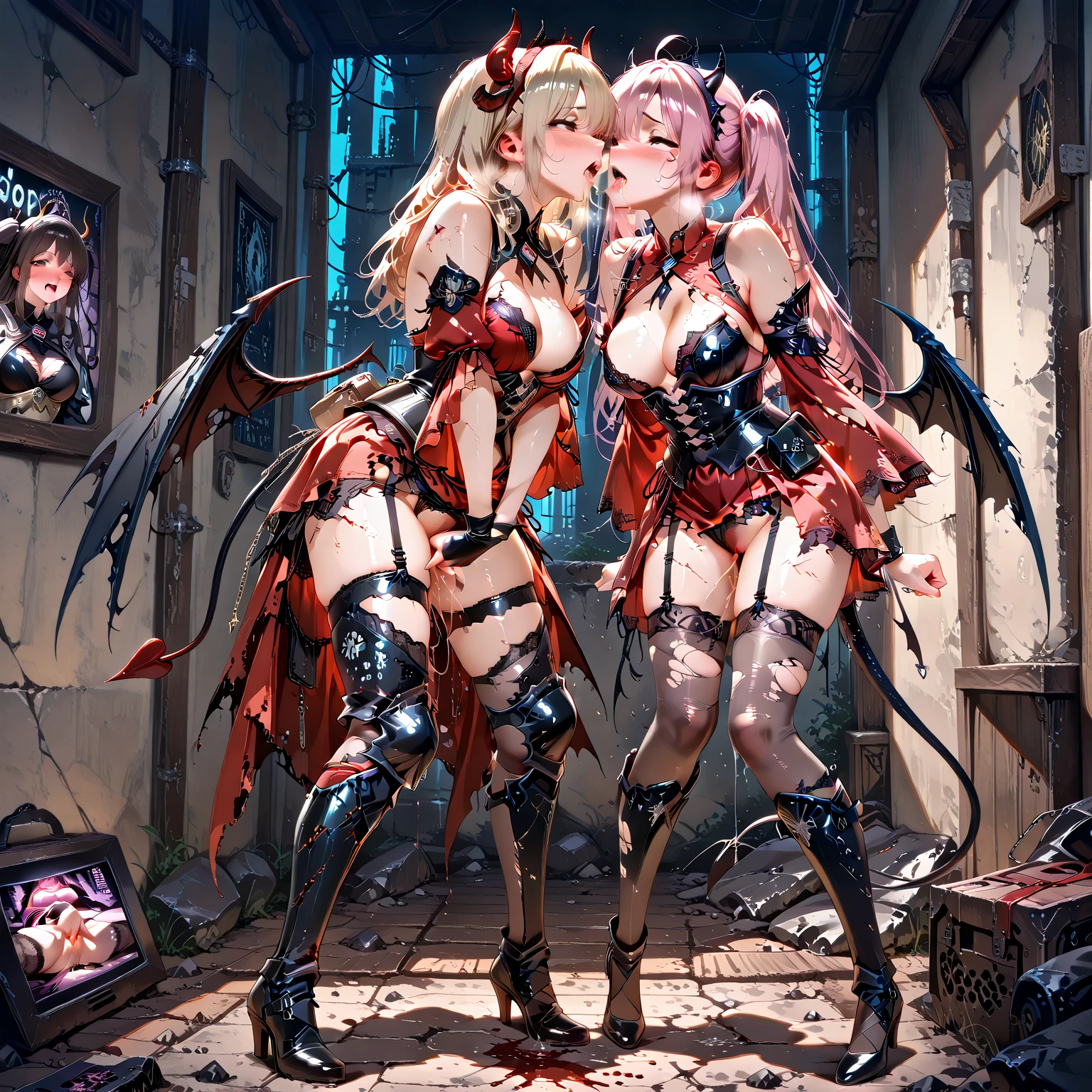 Dynamic shot, dynamic angle, ((3 females)), A picture of 2 beautiful succubus dominating sexy nun on a leash, ((2 demon females and a nun)), (nun in a middle, squatting, legs spread, chained , exposed, scared, obedient, harassed, insecure), (2 beautiful female demons around, dominating, standing above , powerful poses), demons, beautiful succubuses, horror, dark, sexy, rough domination, domination, bdsm, golden chains,(golden leash), collar, beautiful bodies, slim, horror style, highly detailed faces, horns, horny, scared, stockings, (silk lingerie, stockings), leather tight boots, camera angle from above, looking up, closeup, blue light, blue tones, highres, sharp focus,(ultra detailed,extremely detailed),(photorealistic artwork:1.37),(extremely detailed CG unity 8k wallpaper),(intricate),(masterpiece),(best quality),(intricate background),photo realistic,analog style,((intricate detail)),(((realism))),