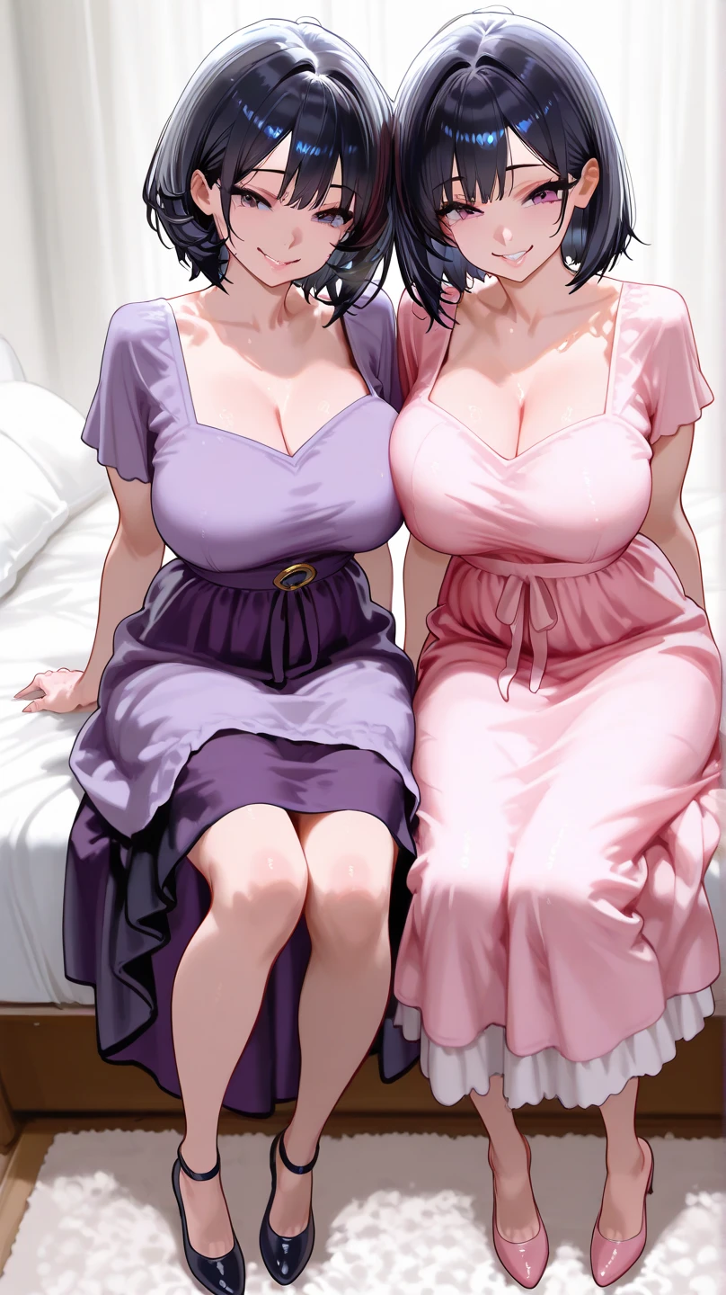 (nsfw),masterpiece,ultra detailed,sharp focus,high resolution,plump and mature female,2females,seductive anime female,females lying on bed, ,(halterneck dress),,(look at viewer),huge breasts,(breast grab,breast milk:1.3),black hair,luxury home,(grinning:1.2),beautiful,