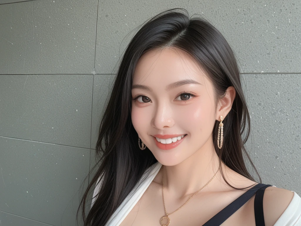 ((top-quality、masutepiece、8K、Top image quality、Hyper-Realism， full body)) The Biggest Smile、white big teeth、korean idol makeup、long eyelashes、View me、smile your best smile, Bright lighting, hyper realistic, photoreal, kpop fashion wear, perfect make up, travel,  romantic big curl