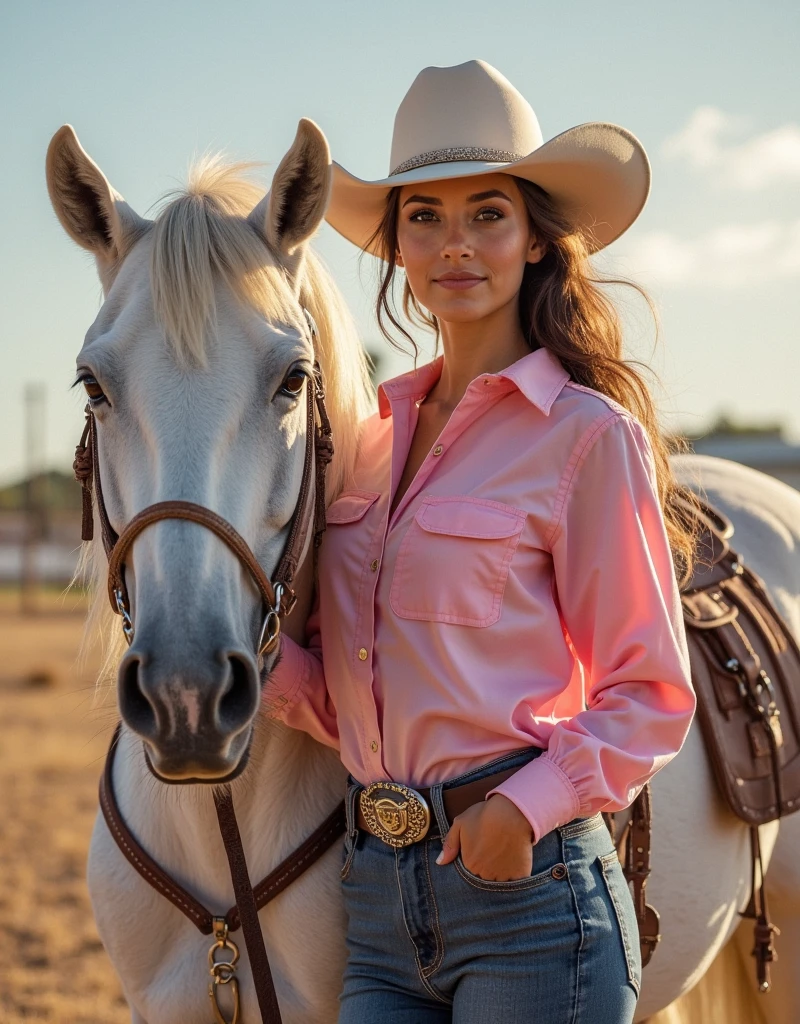 An elegant rodeo woman, adorned with a pink shirt and jeans, stands confidently beside a majestic white horse, ready to pose for the camera. The image is rendered in a realistic style, capturing every detail of the woman's outfit and the powerful presence of the horse