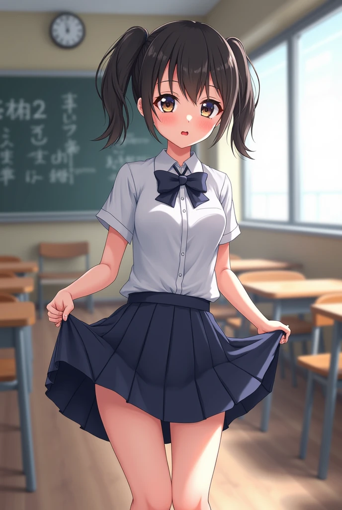 best quality,((((1girl)))),small breasts,((((10 years old:1.3)))))),curvy,orgasm,blush,sweat,black hair,long hair,hair ribbon,((white shirt,blue skirt:1.1)),mini skirt,classroom,lift skirt,upskirt,white kneehighs,Tachibana Arisu,((cumdrip,excessive cum,vagina:1.3))