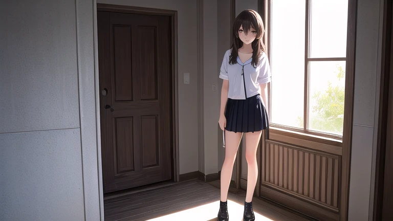 Rara Kudou, standing in a School, student, tank top, micro skirt, ((alone)), true to life body, make it real, ((perfect face)), detailed face, cinematic lighting, Masterpiece, highly detailed, high definition, detailed scenery, ((hyperrealistic anime)), ((full body:1.4))
