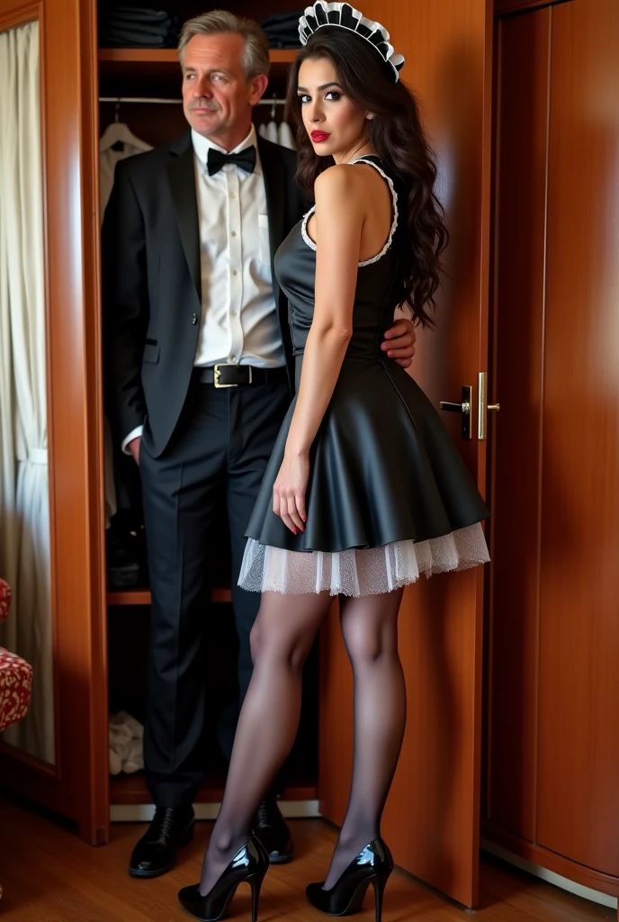1 man, 1girl, husband stands next to his wife, Christmas tree in background, standing beside each other, size difference, standing indoors, at a Christmas , in front of window, realistic skin, (ultra realistic, hyper realistic, detailed, high quality, 4k image quality, Amazing detailed, finely detailed, masterpiece, best quality: 1.5), looking at camera, full body, (((girl is wearing a sheer mini dress and waist down nylons, platino 15 denier sheer tights(black)))), ((man is dressed, undershirt and pants standing next to girl and admiring her beauty)) man husband stands next to girl and grabs her hips with both hands
