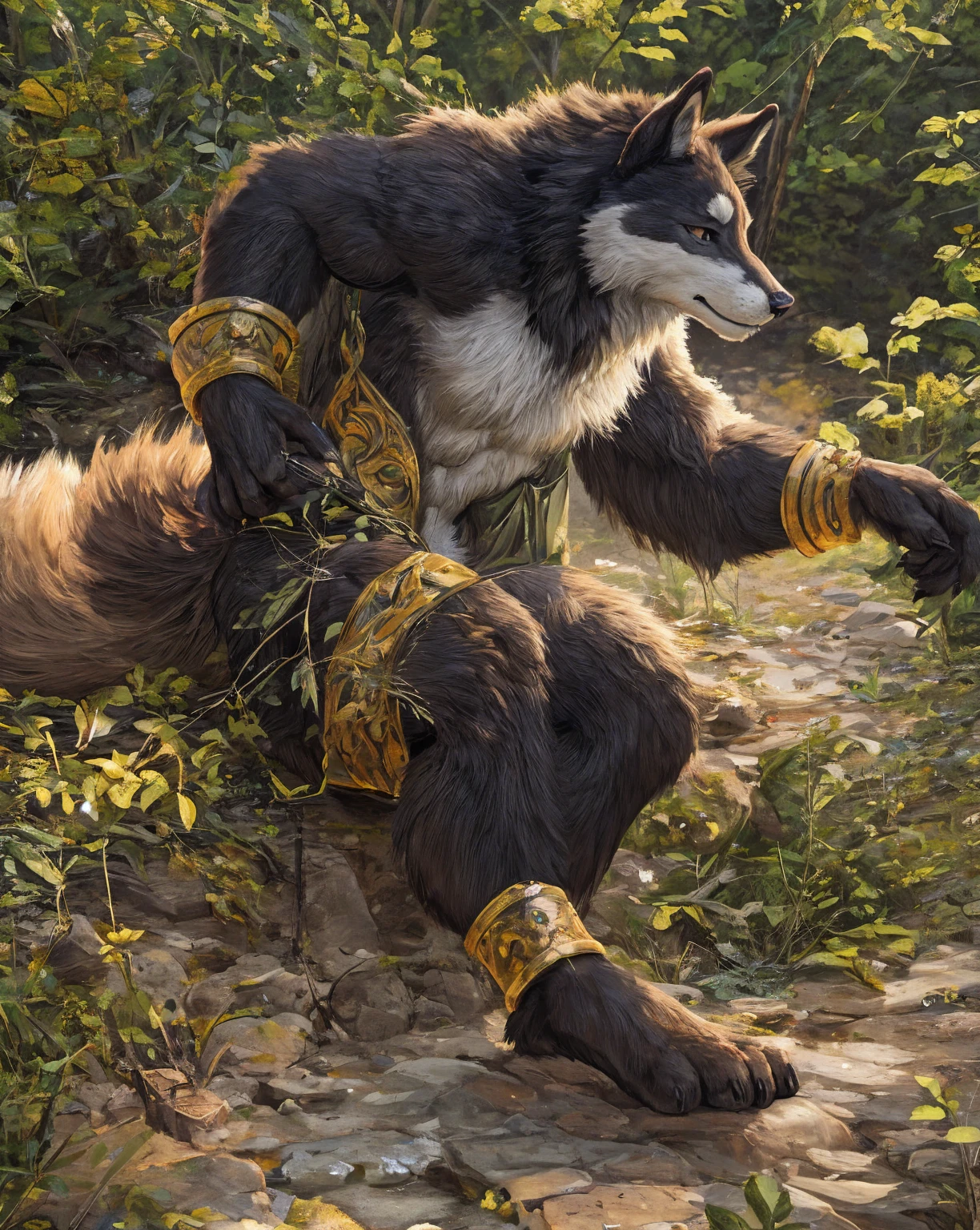 (by darkgem:1.4), masterpiece, best details, real life, depth of field, detailed background, (bright lighting:1.4), nude, solo, (anthro), genitals, with bushy pubic hair and armpit hair, enjoyment, attitude, clear details, powerful, pleasure, self-pleasure, perfect hands, covered in fur, fangs, tongue, paws, claws, tail, detailed nipples, ((anthro female werewolf ):1.4, sexy girl woman, monster girl, femme, hairy pussy, exposed vagina, (breasts:1.2)), (musky, body odour:1.6), (tattoos, piercings), genital close up, (tribal, war paint, body paint, jewellery, wild, feral)