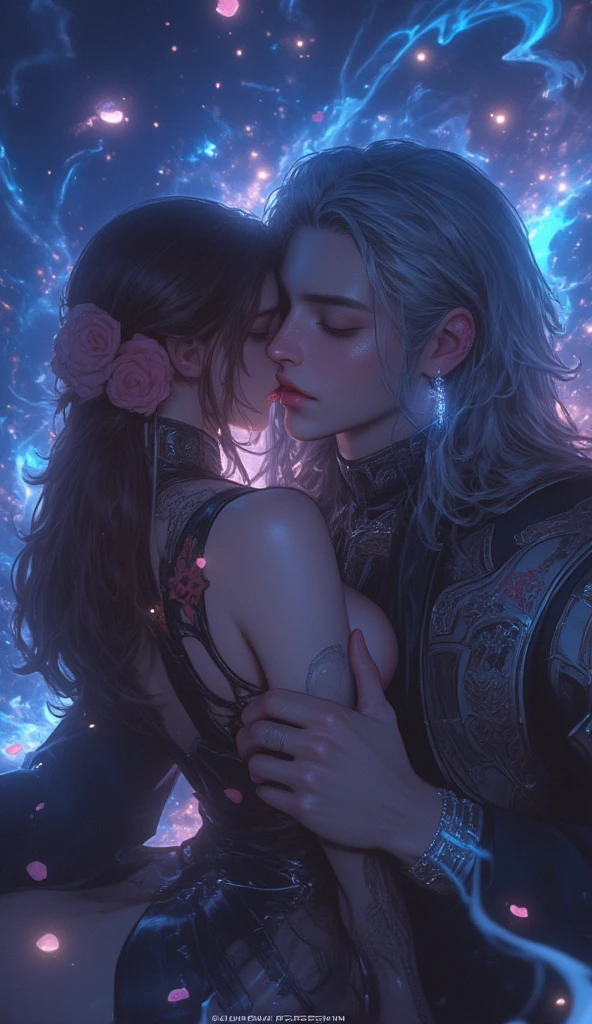 [Core Concept] A romantic and mystical encounter between a young vampire couple, with the girl in a flowing purple gown and the boy with silver hair.

[Character Description] A beautiful, pale-skinned girl with long, flowing black hair gazes tenderly at her companion, a handsome young man with short, silvery hair. Their faces are close, exuding a sense of intimacy and connection.

[Environment/Background] The couple is set against a backdrop of lush, vibrant roses, their petals adding a touch of natural beauty and enchantment to the scene.

[Style and Atmosphere] The overall atmosphere is one of gothic romance, with a sense of ethereal beauty and supernatural elements.

[Composition] The composition focuses on the couple's faces, creating a intimate, close-up perspective that draws the viewer into their emotional connection.

[Details and Embellishments] The girl wears a luxurious, floor-length purple gown, lending a regal and elegant air to her appearance, while the boy's silver hair adds a striking contrast and a touch of otherworldly charm.

[Technical Specifications] The image should be rendered in a highly detailed, photorealistic style, capturing the nuances of the couple's expressions, the texture of their skin and clothing, and the vibrant, lush quality of the roses surrounding them.