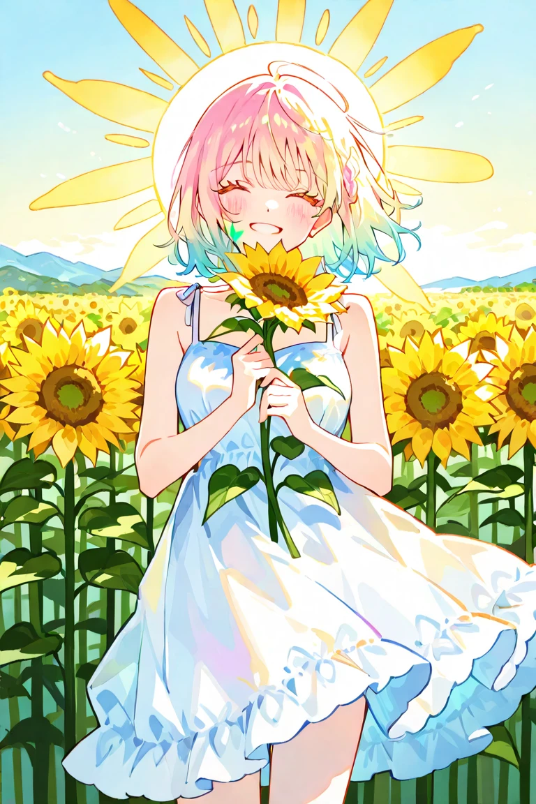 A cute shot of a lovely and cheerful girl with short pink hair and violet eyes. She is wearing a yellow dress and a flower crown, looking sweet and adorable. She is standing in a field of sunflowers, with the blue sky and the sun in the background. She is looking at the camera with a bright and happy expression, her eyes sparkling. She is holding a sunflower in one hand and a balloon in the other, showing her innocent and playful personality. The photo is taken from a high angle, making her look small and cute. The photo has a vivid and colorful tone, creating a sense of joy and beauty.