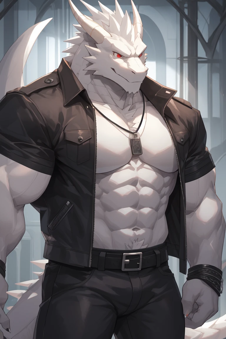 Sexy young anthro dragon scalie male, with a gay and kinky attitude, is depicted as a sexy furry warrior in this full-body rendering. The handsome muscular model is adorned with a headband that sits atop his grey husk, its texture showing signs of wear. He wears worn out brown skimpy leather armament, which is low on his hips, revealing a leather belt with a worn out skimpy brown leather jockstrap. Precum can be seen seeping through the jockstrap, adding an extra layer of allure to his muscular physique. His leather heavy harness armor is intricately detailed, with leather bondages encircling his wrists