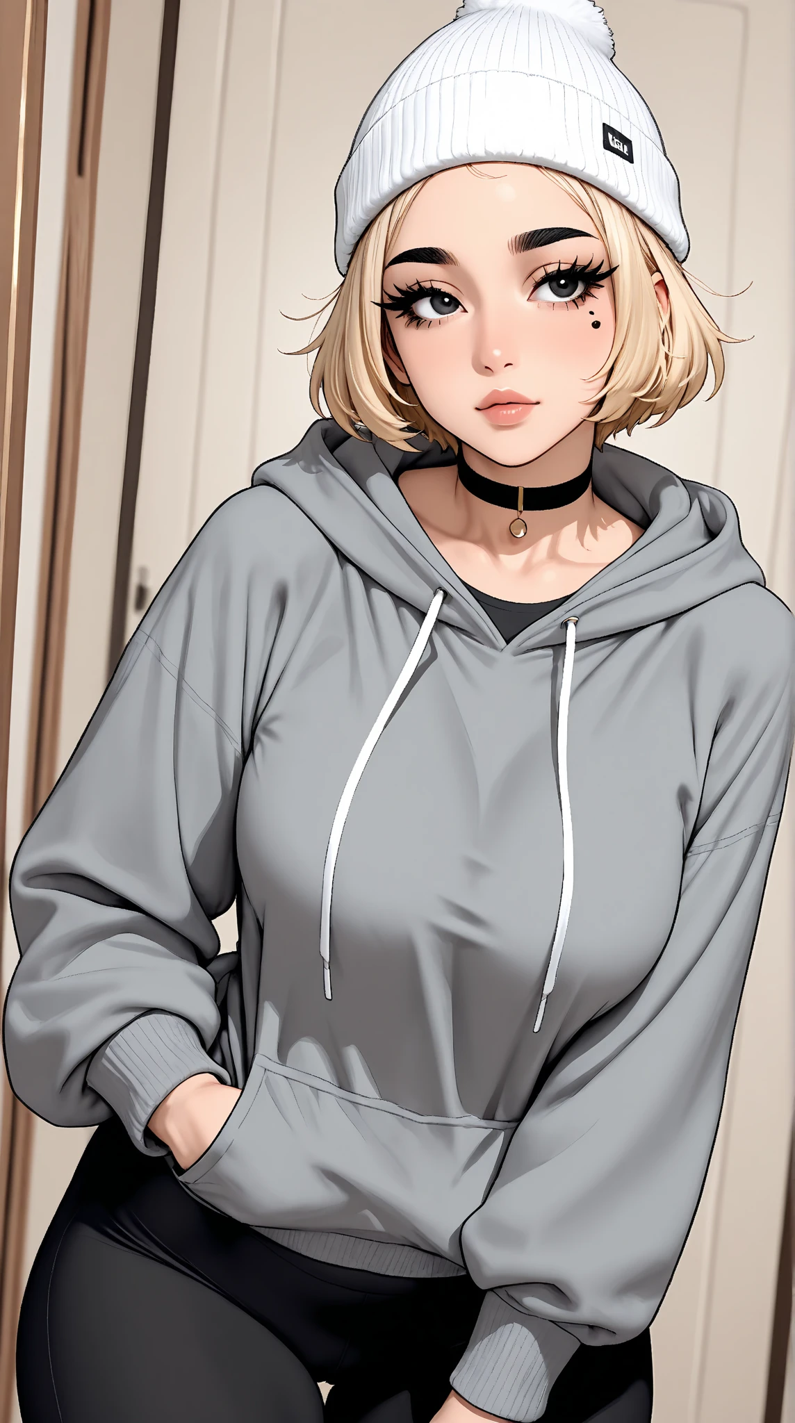 (high quality) messy bun hairstyle, black hoodie with unzipped zipper, revealing busty ample cleavage, white woman, voluptuous, masterpiece, highres, best quality, ONE PUNCH-MAN, <lora:murataYuusukeOPM_murataYuusuke1484it:1>,